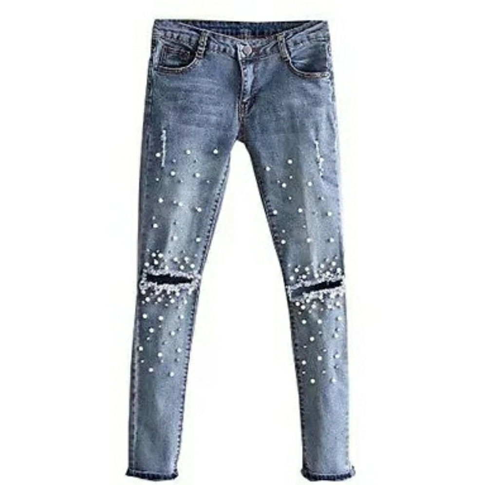 🆕Destroyed Ripped Pearled Slim Jeans